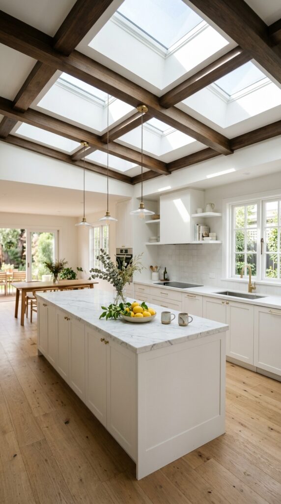 Kitchen with skylights maximizing natural light, creating a bright, airy, and open space with a clean modern aesthetic