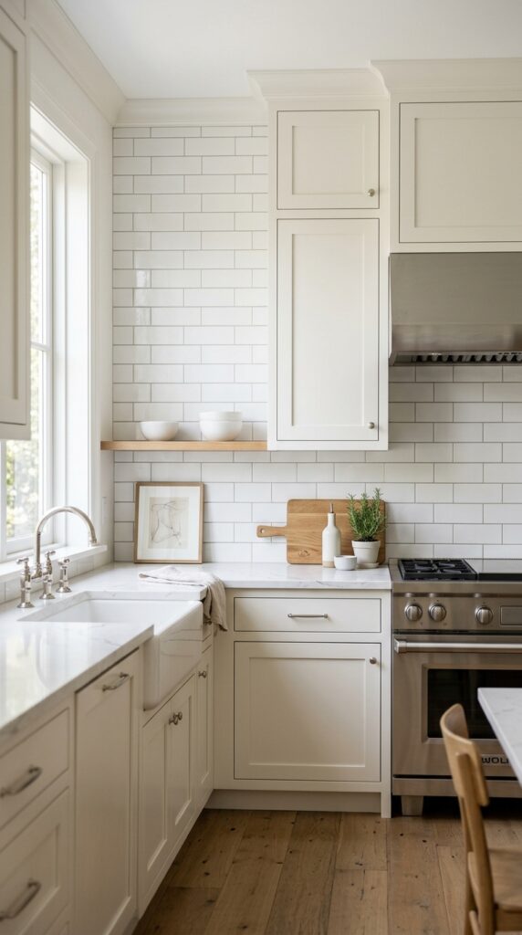 Classic subway tile backsplash in a bright kitchen with clean lines, white tiles, and a timeless elegant aesthetic