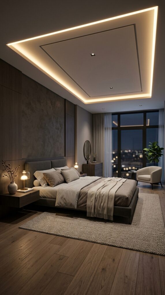 Modern bedroom with recessed LED strip lighting in a tray ceiling, soft ambient glow, neutral tones, and a sleek contemporary design