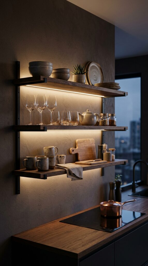 LED strip lights installed on open kitchen shelving, creating a warm glow that highlights decor and adds a modern, stylish ambiance