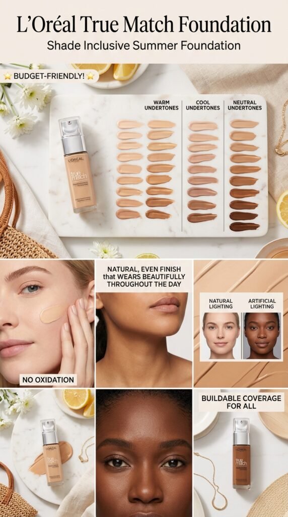 L'Oréal True Match Foundation with multiple shade swatches showing inclusive color range for diverse skin tones summer makeup






