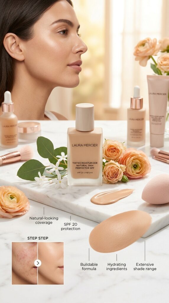 Luxurious product shot of Laura Mercier Tinted Moisturizer SPF 20 in elegant packaging surrounded by fresh flowers and botanicals, with swatches showing natural coverage and a woman's glowing, airbrushed complexion demonstrating the product's stunning results and professional-quality finish.






