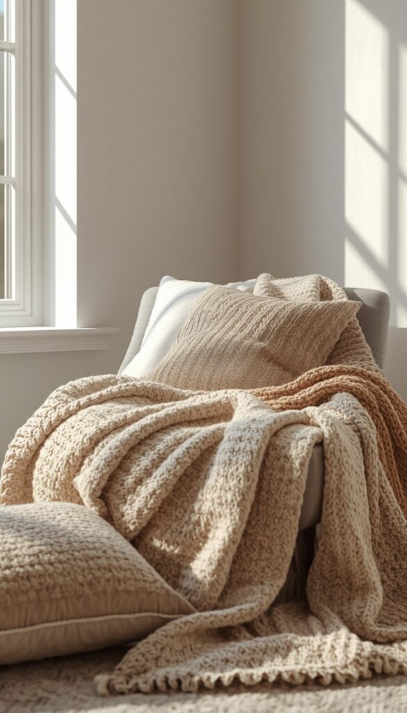 Cozy reading nook with layered blankets and cushions, soft textures, warm tones, and a calm inviting aesthetic