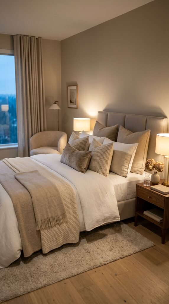 Luxury bed with layered bedding, soft textures, neutral tones, and a cozy hotel-style aesthetic with warm lighting