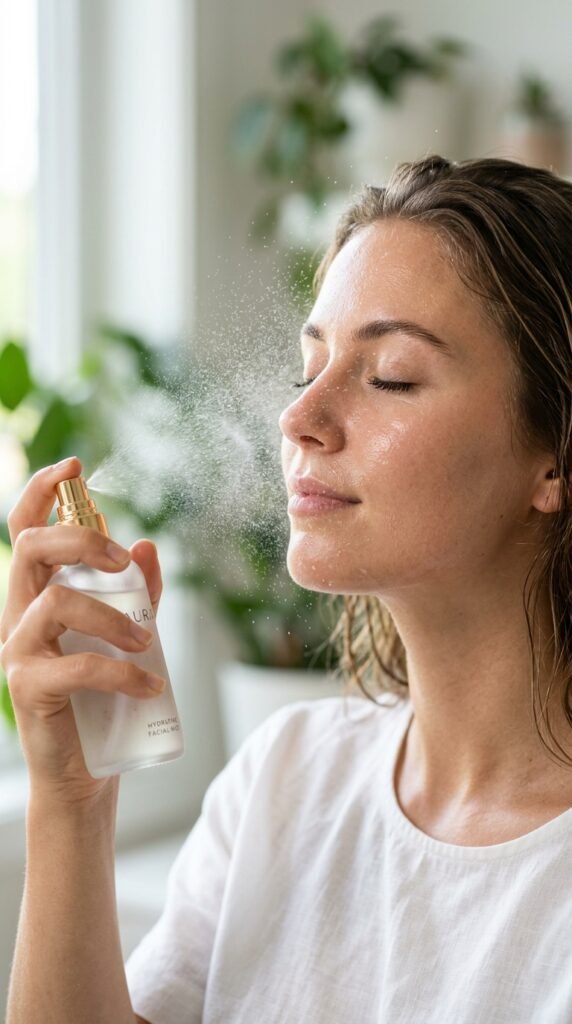 Close-up of a woman applying a hydrating facial mist, dewy skin, fresh glow, and a light refreshing skincare routine
