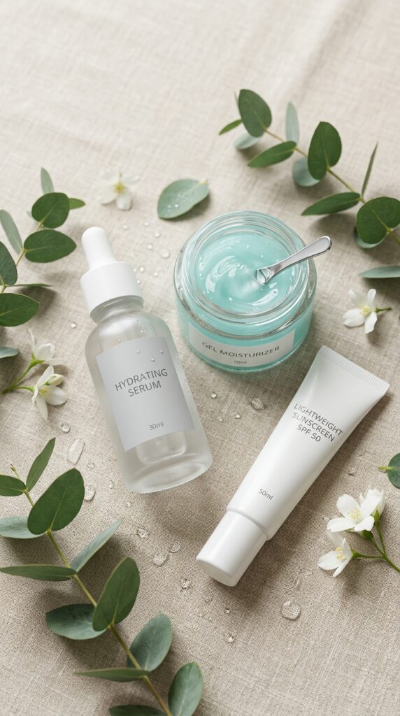 Flat lay of lightweight skincare products with gel moisturizer, serum, and sunscreen in a clean minimal aesthetic with soft natural light