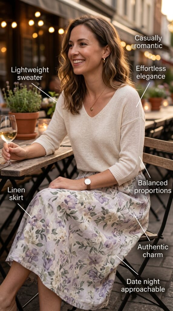 Charmingly romantic woman wearing a soft lightweight sweater in cream or pale tone paired with a flowing linen skirt in romantic print or soft solid color, styled with comfortable flats or heeled sandals and minimal delicate jewelry in a casually romantic garden or café setting.
