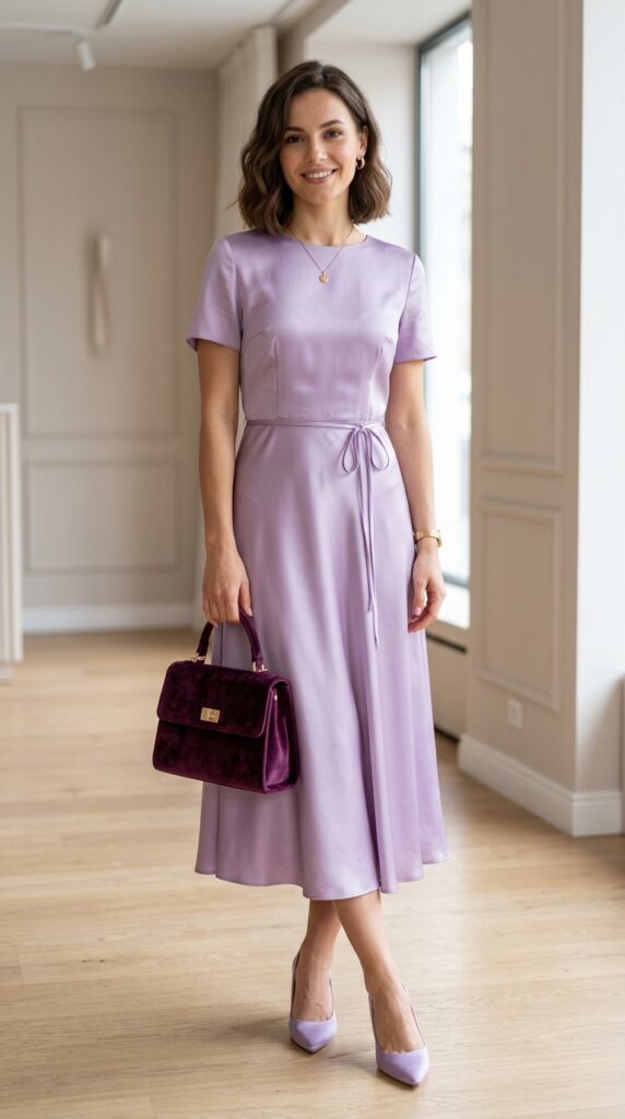 Lilac satin midi dress paired with a velvet top-handle bag, creating a soft, luxurious, and elegant outfit with rich textures and a feminine aesthetic