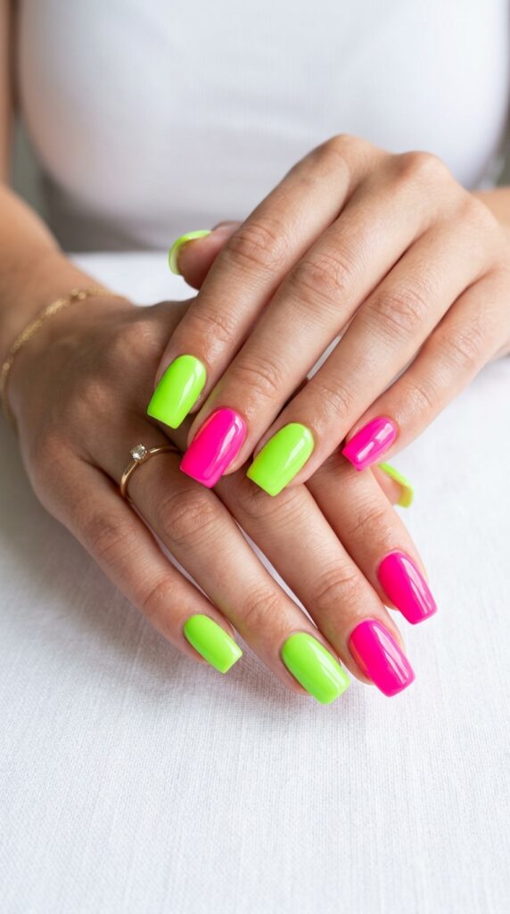 Hands with alternating lime green and hot pink neon nail polish in color-blocking design showing vibrant fluorescent contrast for playful festival-inspired summer manicure.