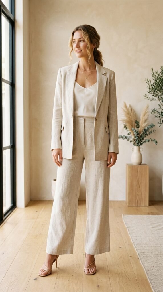 A tailored oatmeal linen blazer styled over an ivory silk tank top with matching wide-leg linen trousers, accessorized with strappy nude heels and a delicate gold necklace, photographed in soft natural light for an effortlessly elegant summer look.