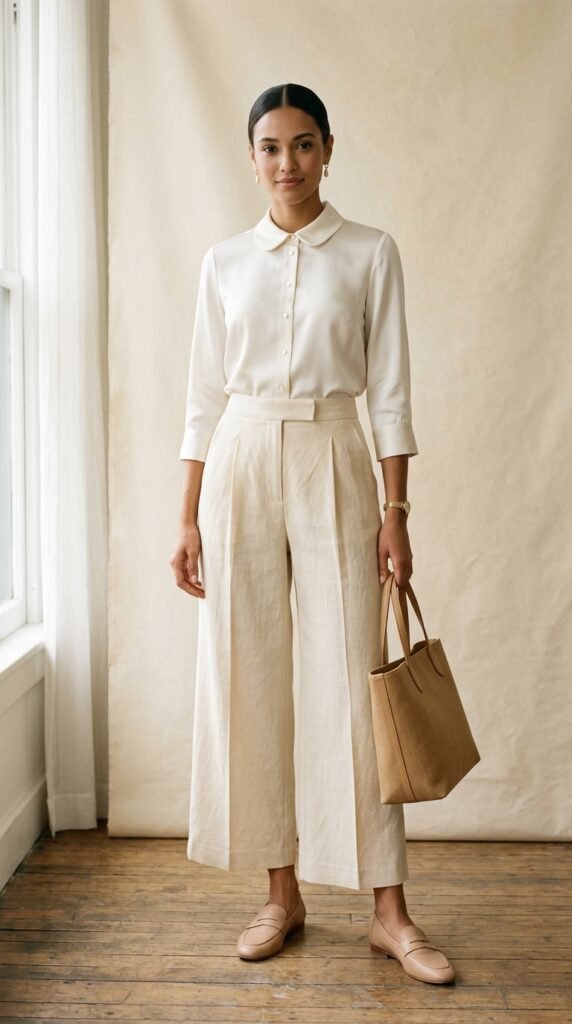 High-waisted cream linen culotte pants with structured pleats paired with an ivory silk blouse with mother-of-pearl buttons, styled with nude leather loafers and delicate gold jewelry for a timeless refined and effortlessly chic minimalist look.