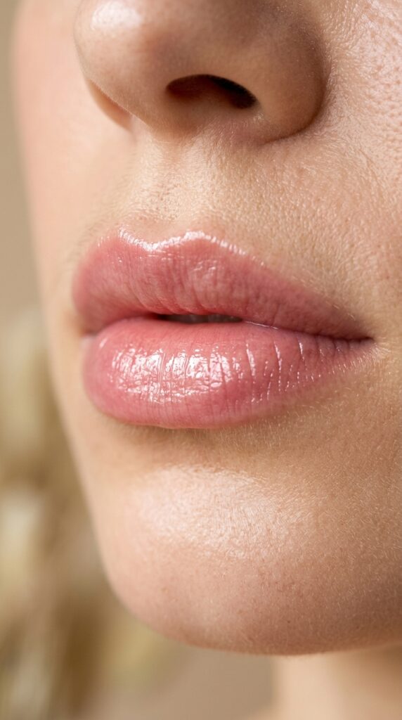 Close-up of lips with tinted lip balm, soft glossy finish, natural color, and a fresh summer beauty look