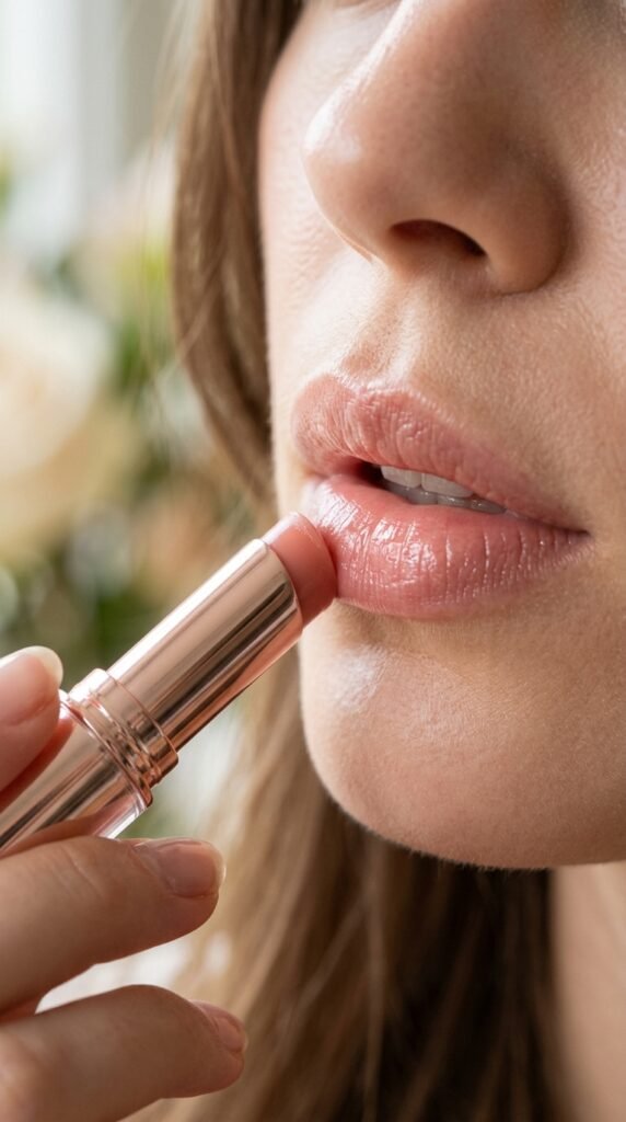 Close-up of tinted lip balm applied to lips, smooth glossy finish, hydrated texture, and a fresh natural summer look