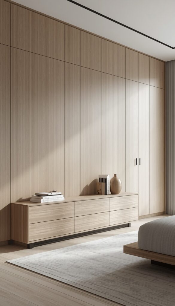 Minimalist bedroom with a low-profile dresser and sleek storage, neutral tones, clean lines, and soft natural lighting