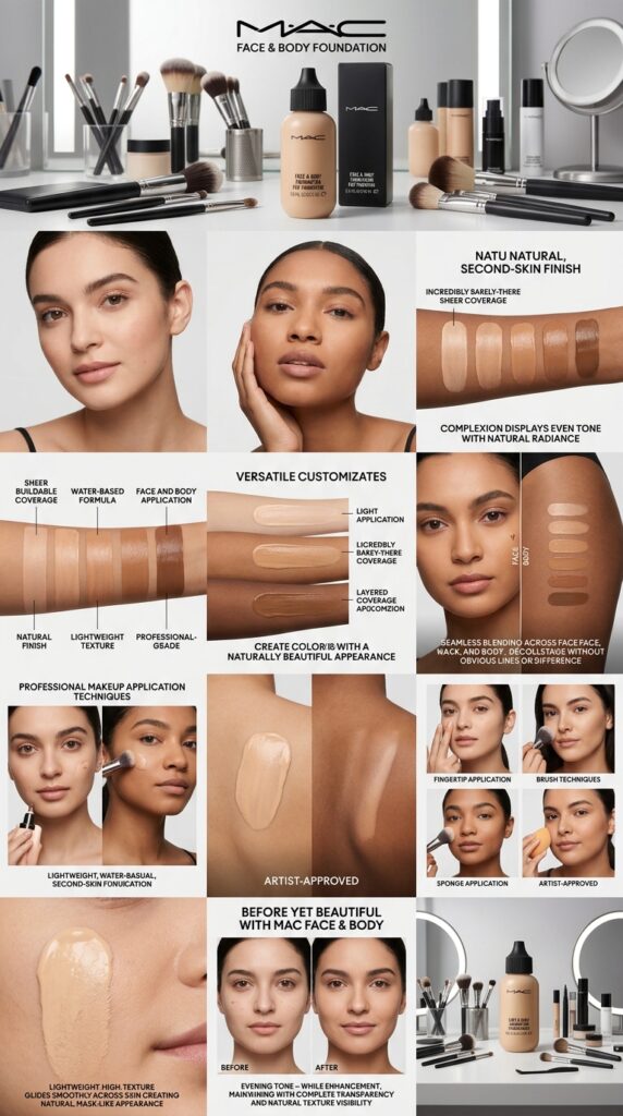 Professional product shot of MAC Face & Body Foundation in iconic bottle surrounded by quality makeup brushes and professional tools, with swatches on varied skin tones and face/body application showing sheer buildable coverage and transparent, second-skin finish achieved by makeup artists and professionals.






