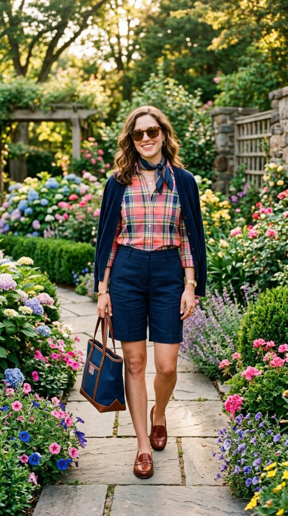 Woman wearing a bold madras pattern pop preppy outfit featuring a colorful madras plaid button-down shirt, navy tailored shorts, brown loafers, navy cardigan, and tortoiseshell sunglasses, standing in a vibrant garden setting with colorful flowering plants.