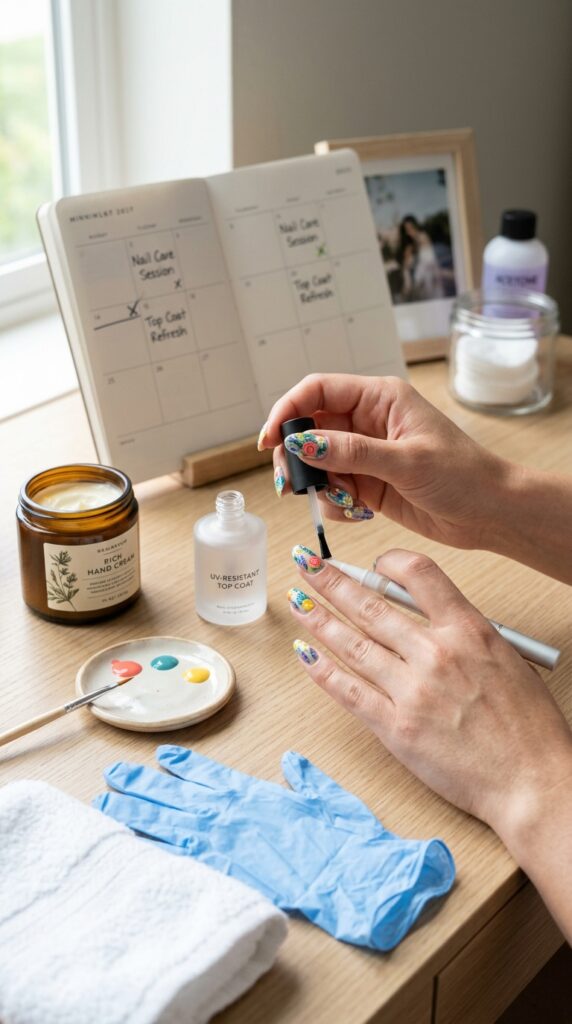 Woman's hands with vibrant floral nail art surrounded by maintenance essentials including UV-resistant top coat, cuticle oil, protective gloves, and hand cream for preserving summer nail designs.