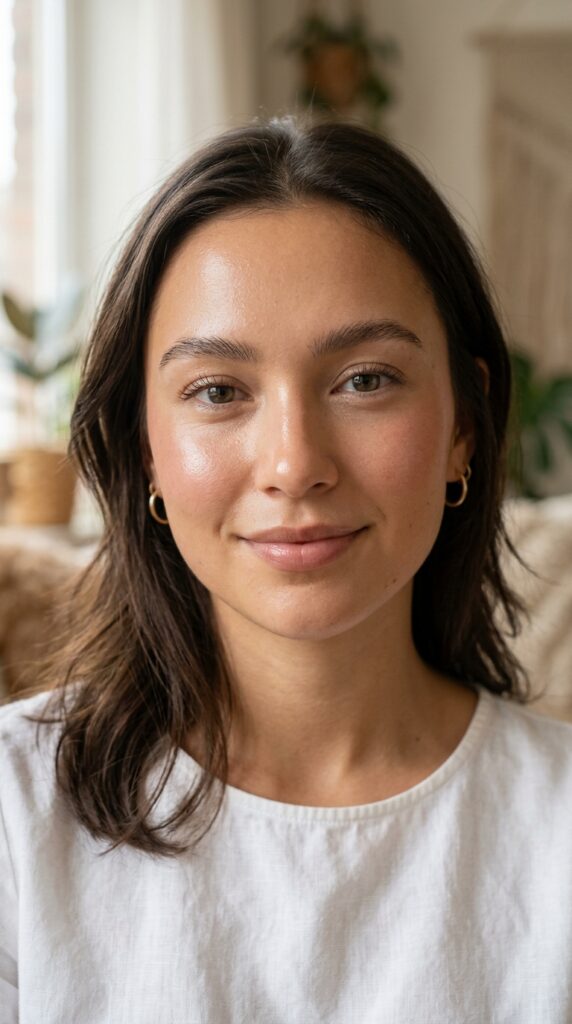 No-makeup makeup look with glowing skin, soft brows, and natural tones, creating a fresh, effortless, and clean beauty aesthetic
