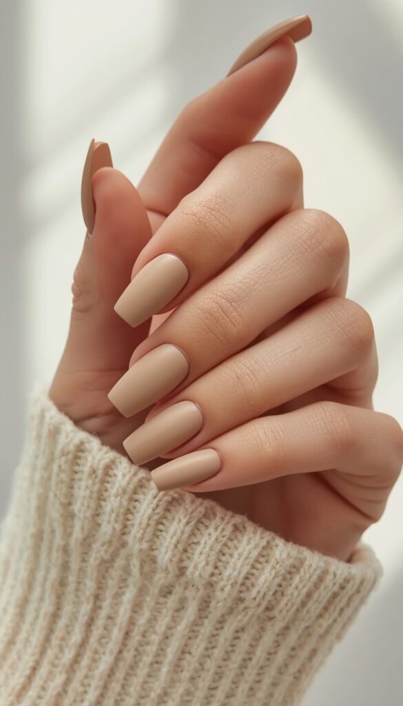 Close-up of square nails in matte neutral tones, velvety finish, and a clean minimalist aesthetic
