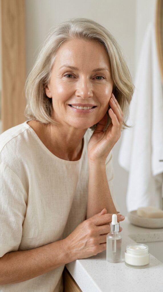 Mature anti-aging skin with a smooth radiant glow, showing hydrated, plump, and naturally youthful skin in a clean and elegant beauty aesthetic