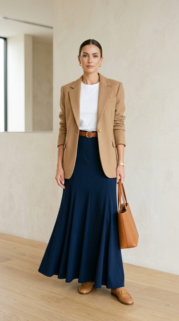A fitted white crew-neck t-shirt and high-waisted navy blue maxi skirt layered under a camel wool blazer, styled with camel leather loafers, a cognac belt, and gold jewelry for a timeless professional and effortlessly elevated look.