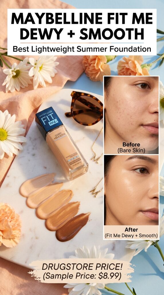 Maybelline Fit Me Dewy + Smooth Foundation bottle with shade swatches demonstrating lightweight, natural-looking coverage for summer makeup






