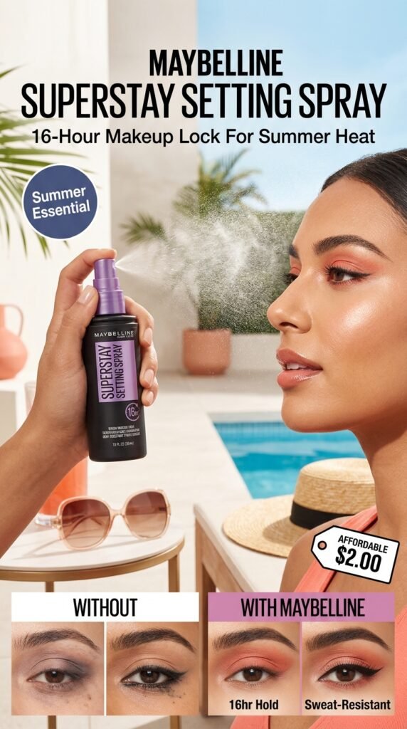 Maybelline SuperStay Setting Spray bottle with visible mist dispersion for 16-hour summer makeup hold and heat-resistant performance






