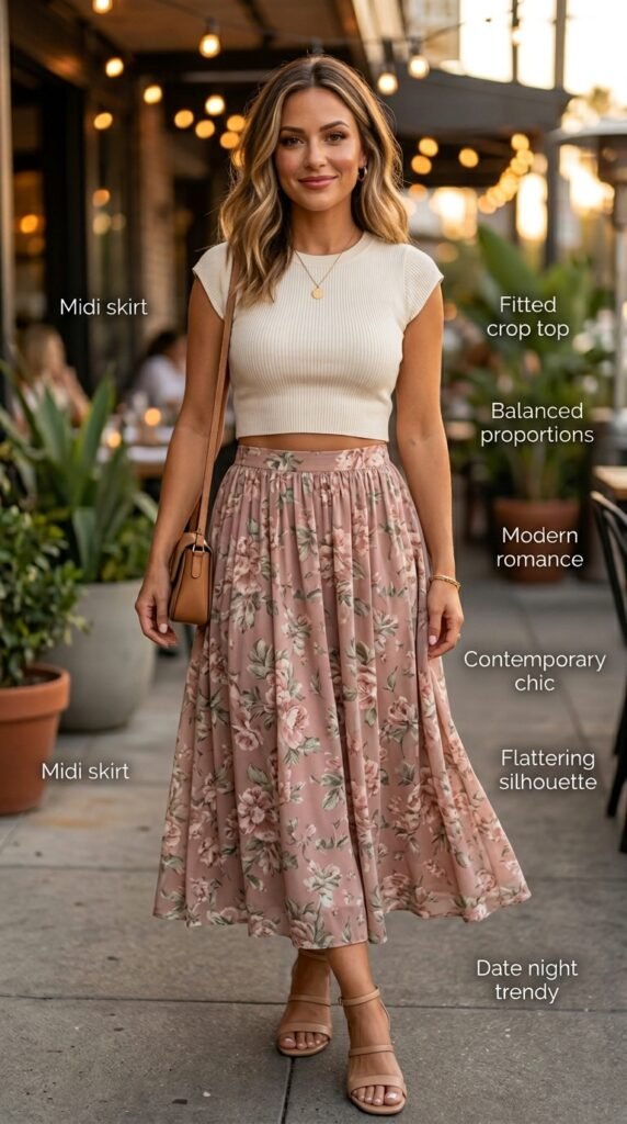 Beautifully balanced woman wearing a fitted crop top in solid color or subtle pattern paired with a flowing midi skirt in romantic print or solid color, styled with heeled sandals and delicate jewelry in a modern romantic garden or contemporary date night setting with warm ambient lighting.
