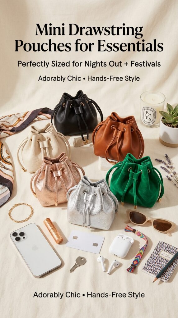 "Collection of 6 mini drawstring pouches in leather, metallic finishes, and jewel tones arranged with phone, lipstick, keys, jewelry, and festival accessories on white background, showcasing compact essential-carrying bags perfect for nights out, festivals, and minimalist travel styling"






