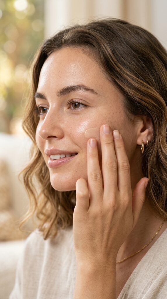 Close-up of minimal base makeup with tinted moisturizer, natural glow, even skin tone, and a fresh lightweight summer look