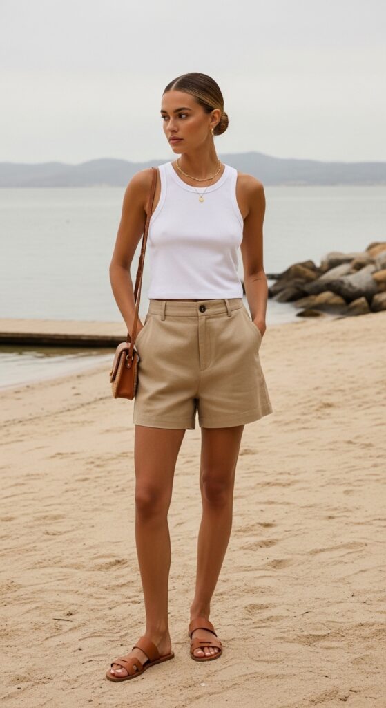 Minimal beachy chic outfit with white tank and khaki shorts.