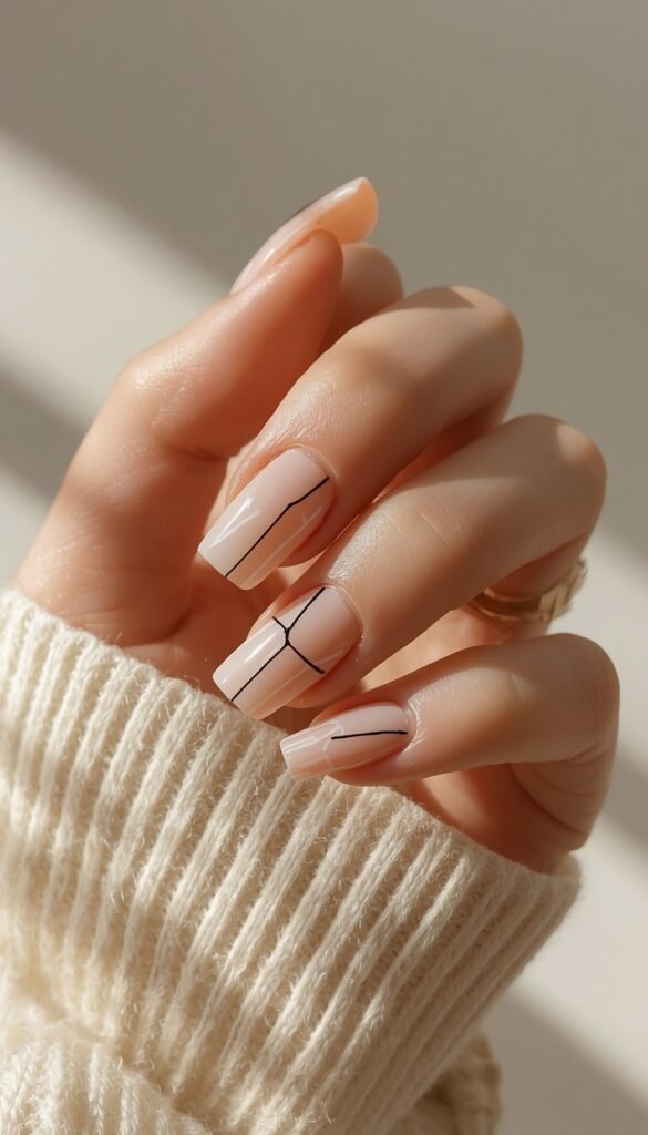 Close-up of square nails with minimal line art design, nude base, glossy finish, and a modern minimalist aesthetic
