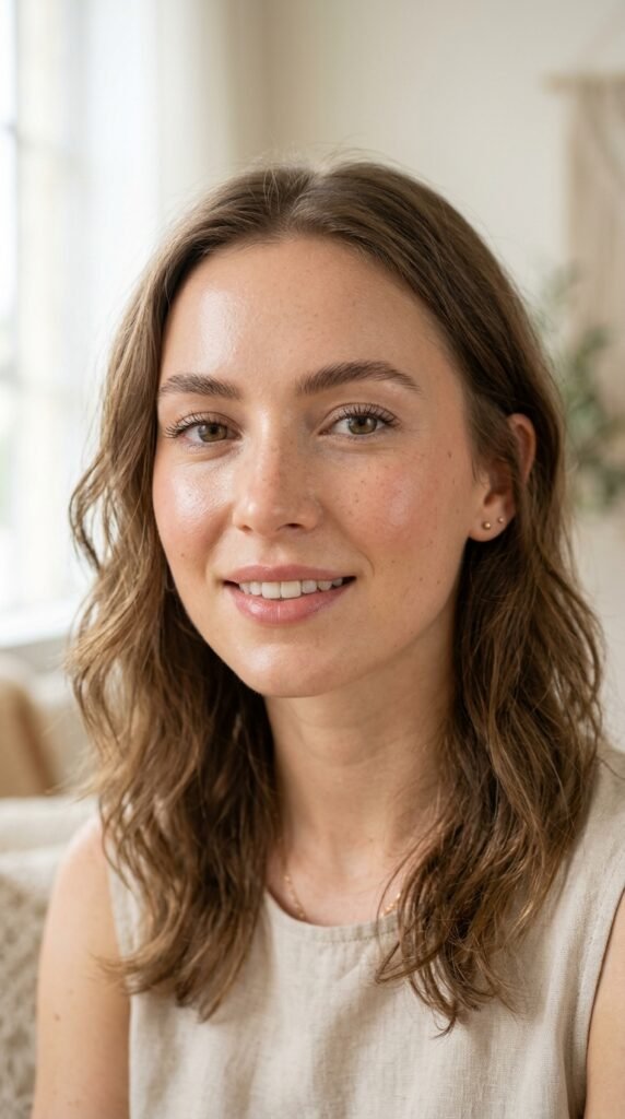 Close-up of a woman with minimal makeup, natural glow, soft features, and a fresh effortless beauty look