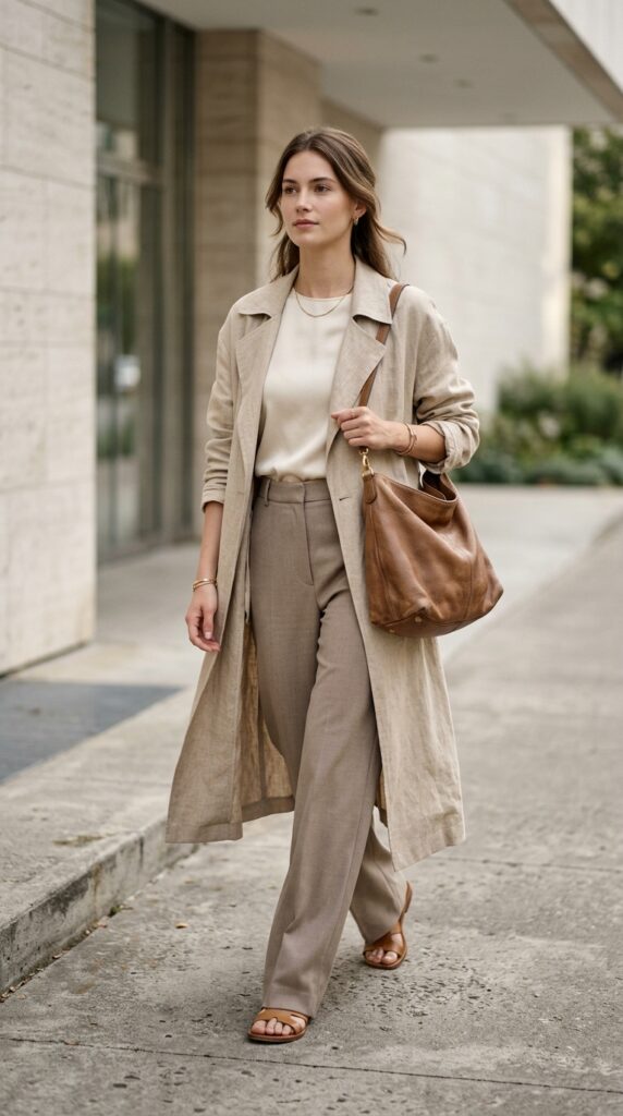 Model in a minimal neutral outfit with a worn designer bag, soft tones, clean style, and an effortless chic aesthetic