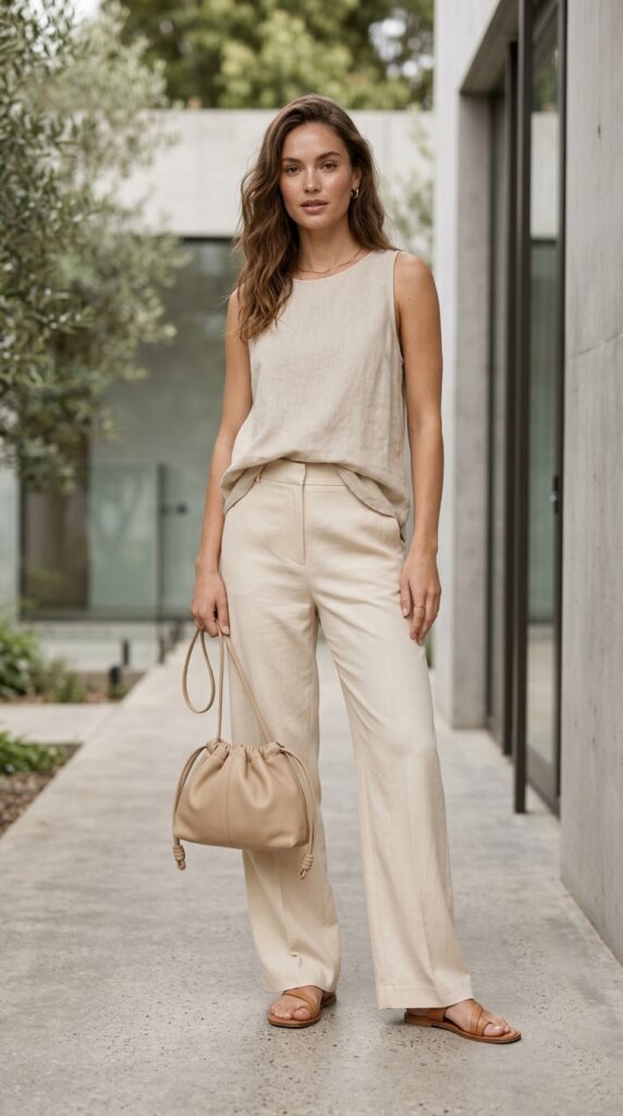 Model in a minimal neutral outfit with a drawstring pouch bag, soft tones, clean style, and an effortless chic aesthetic