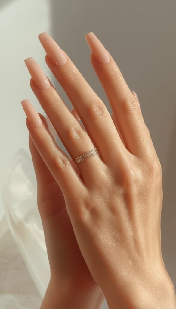 Close-up of coffin nails in a nude glossy finish, clean minimal style, and soft natural lighting