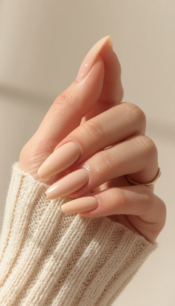 Close-up of press-on nails in a nude glossy finish, clean minimal style, soft tones, and a natural elegant aesthetic