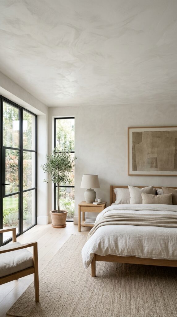 Bedroom with a minimal white textured ceiling, soft plaster finish, natural light, and a clean airy minimalist aesthetic