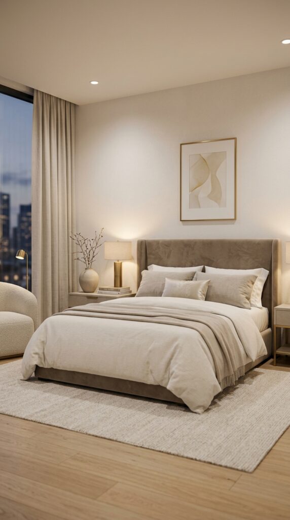 Glam bedroom with minimal elegant decor, neutral tones, soft lighting, and a clean luxurious aesthetic