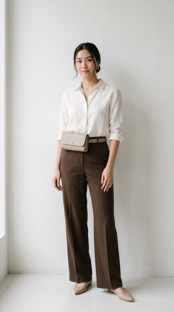 "Woman wearing a sleek stone-colored leather belt bag at her natural waist styled with tailored chocolate brown trousers, an ivory tucked blouse, and nude flats for a minimalist chic look."






