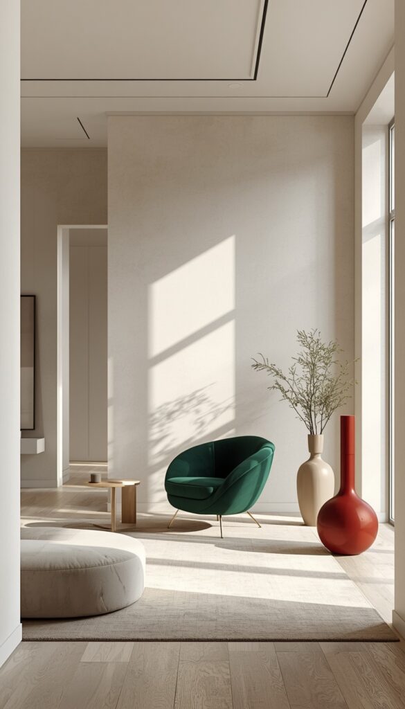 Minimalist living space with neutral tones and a bold statement accent, clean lines, soft natural lighting, and a modern luxury aesthetic