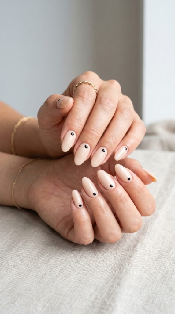 Hands with minimalist dot accent nail design featuring single small perfectly round dot in contrasting color on neutral base for subtle sophisticated understated summer manicure






