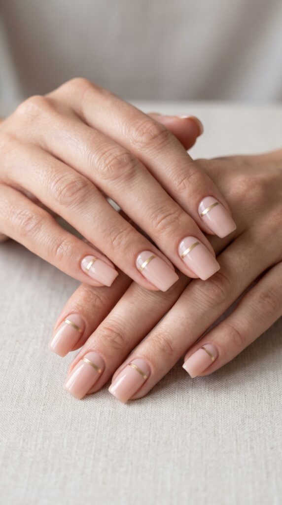 Hands with minimalist horizontal stripe nail design featuring single precise contrasting line across neutral base creating balanced geometric composition for sophisticated understated summer manicure






