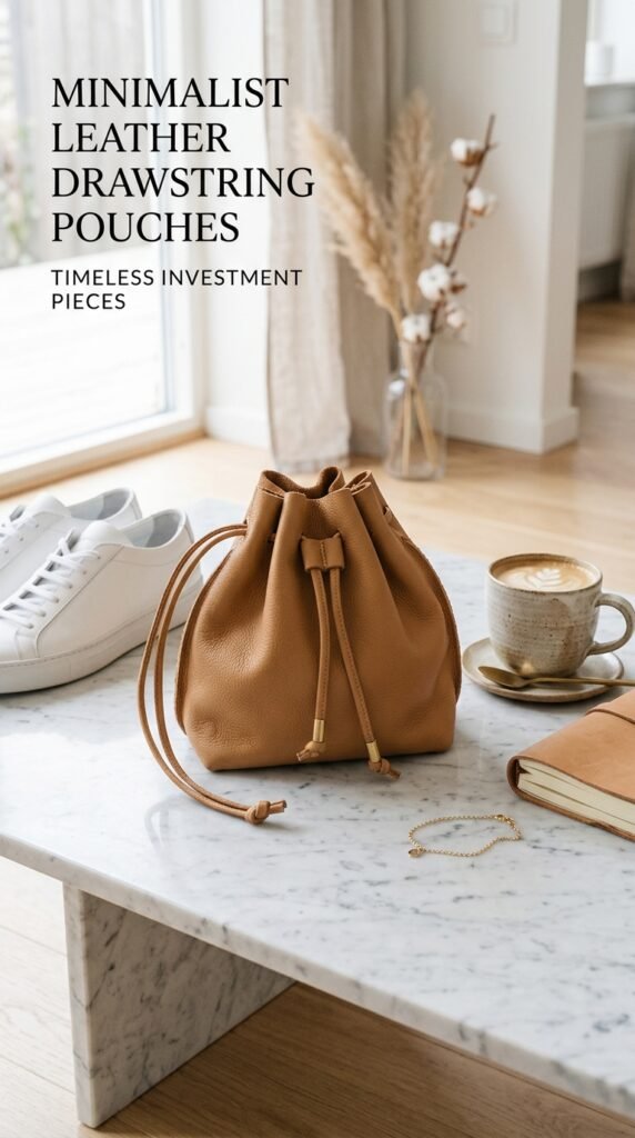 "Soft camel leather drawstring pouch styled on marble surface with minimalist accessories including gold bracelet, white sneakers, white flowers, and coffee cup, showcasing timeless investment leather bag aesthetic for everyday chic styling"

