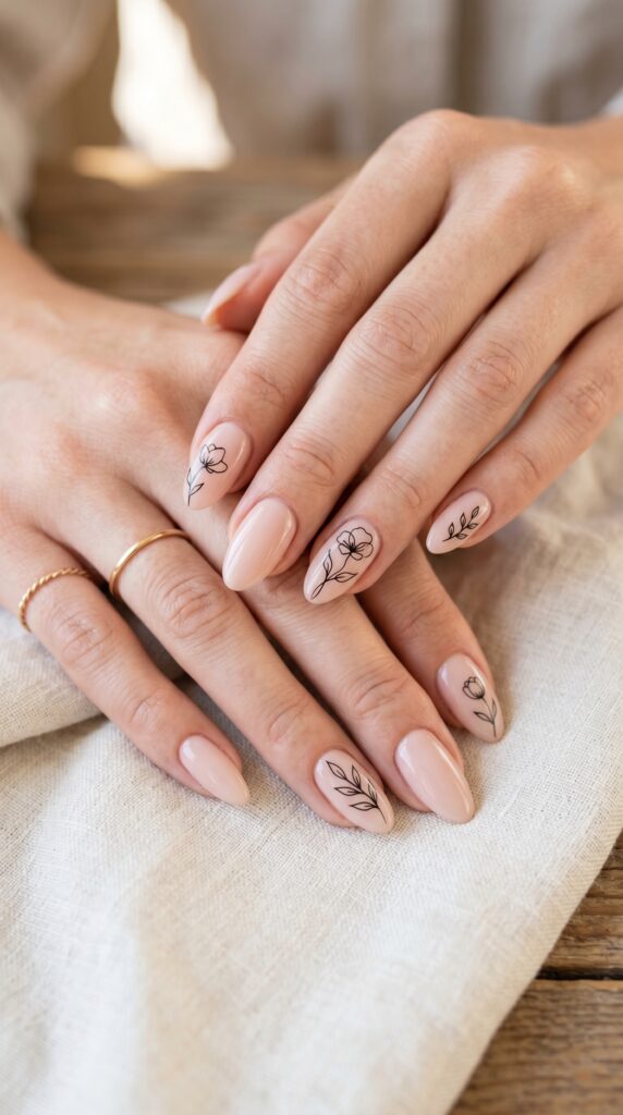 Hands with minimalist line art flower nail design featuring delicate single-line botanical drawings in black or gold on neutral base creating artistic understated summer manicure






