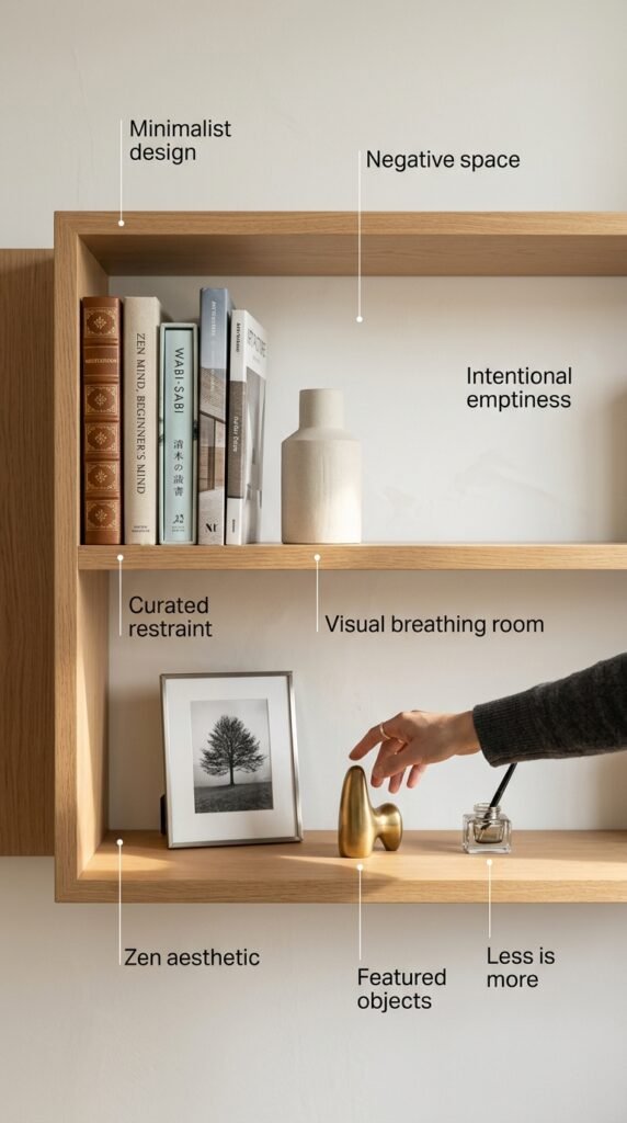 Serene minimalist bookshelf featuring substantial intentional negative space with only essential books and carefully selected refined objects creating an uncluttered, sophisticated display celebrating the beauty of restraint, empty space, and curated simplicity with dramatic visual impact through isolation.






