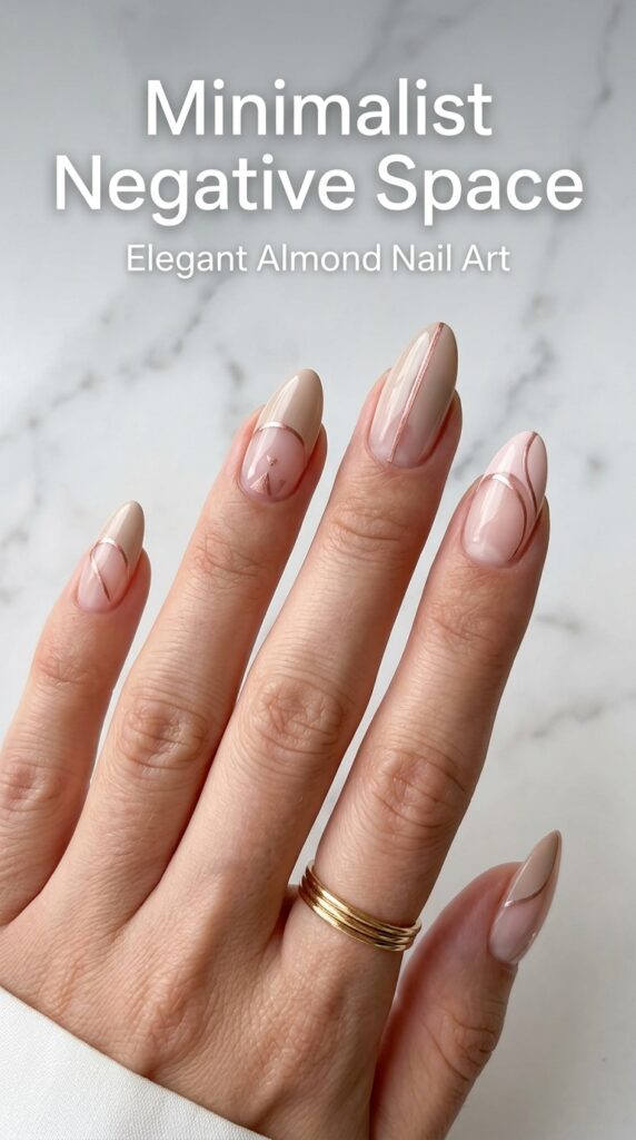 Almond nails with minimalist negative space design featuring thin geometric lines in rose gold for sophisticated modern nail art






