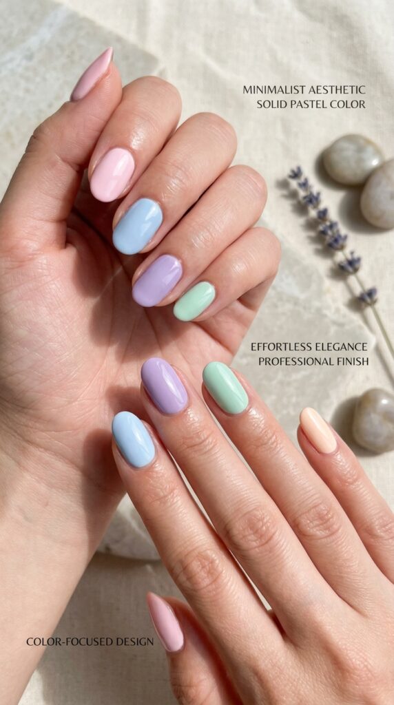 Serene minimalist pastel solid nail art featuring perfectly uniform, flawless coverage in single soft colors like baby pink, powder blue, lavender, or mint green with glossy finish, showcasing elegant simplicity, professional technique, and timeless refined beauty through color purity alone.






