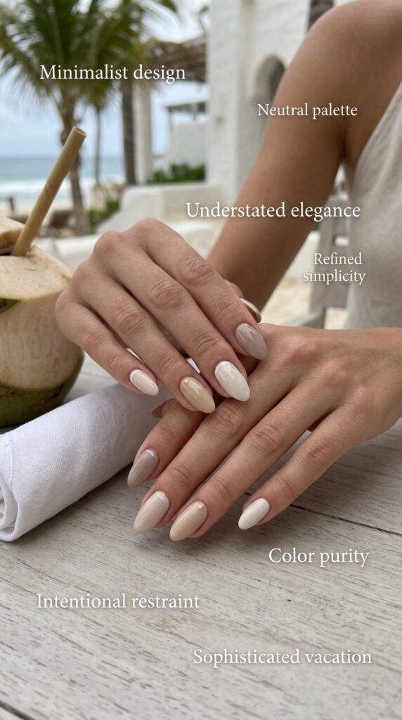 Sophisticatedly elegant minimalist vacation neutral nails featuring soft, understated color palette of creams, beiges, taupes, sand tones, and whites with either solid uniform coverage or subtle minimal accents, celebrating refined simplicity and intentional restraint allowing vacation experiences to remain focal point.




