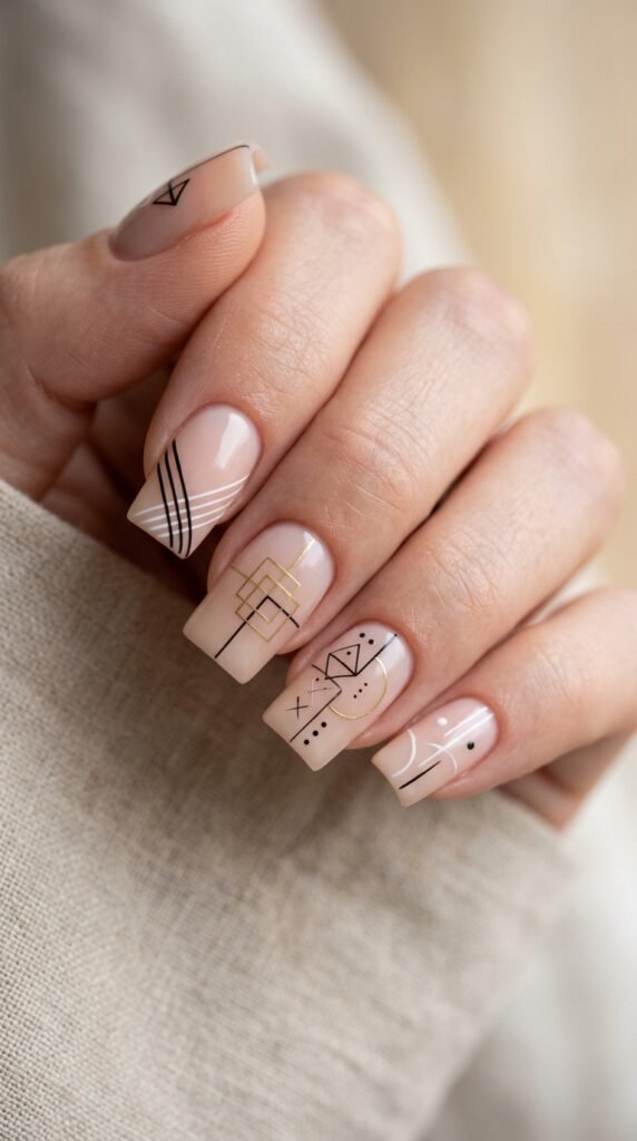 Minimalist line art square nails with a nude base and fine abstract lines, creating a clean, modern, and elegant manicure design